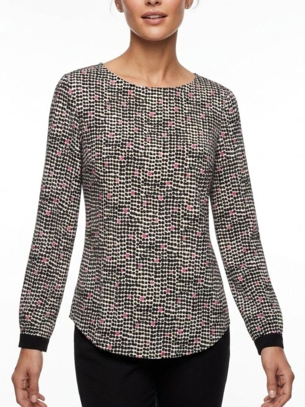 Ann Taylor Mod Office Blouse XS - Black Pink Spotted Print Gold Button Cuff